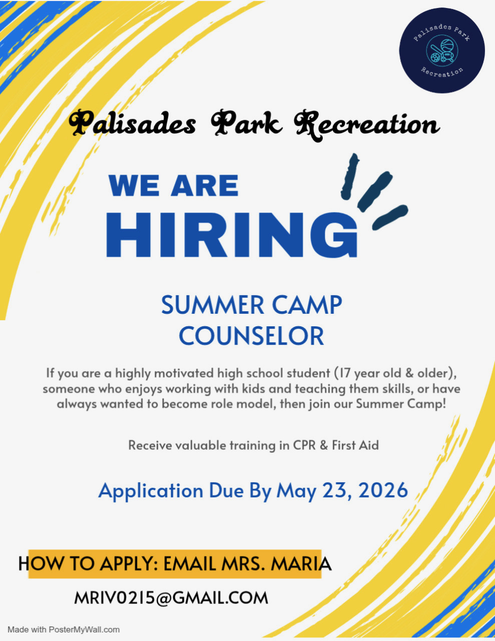 Hiring Summer Camp Counselor 2026 Flyer – Palisades Park Recreation