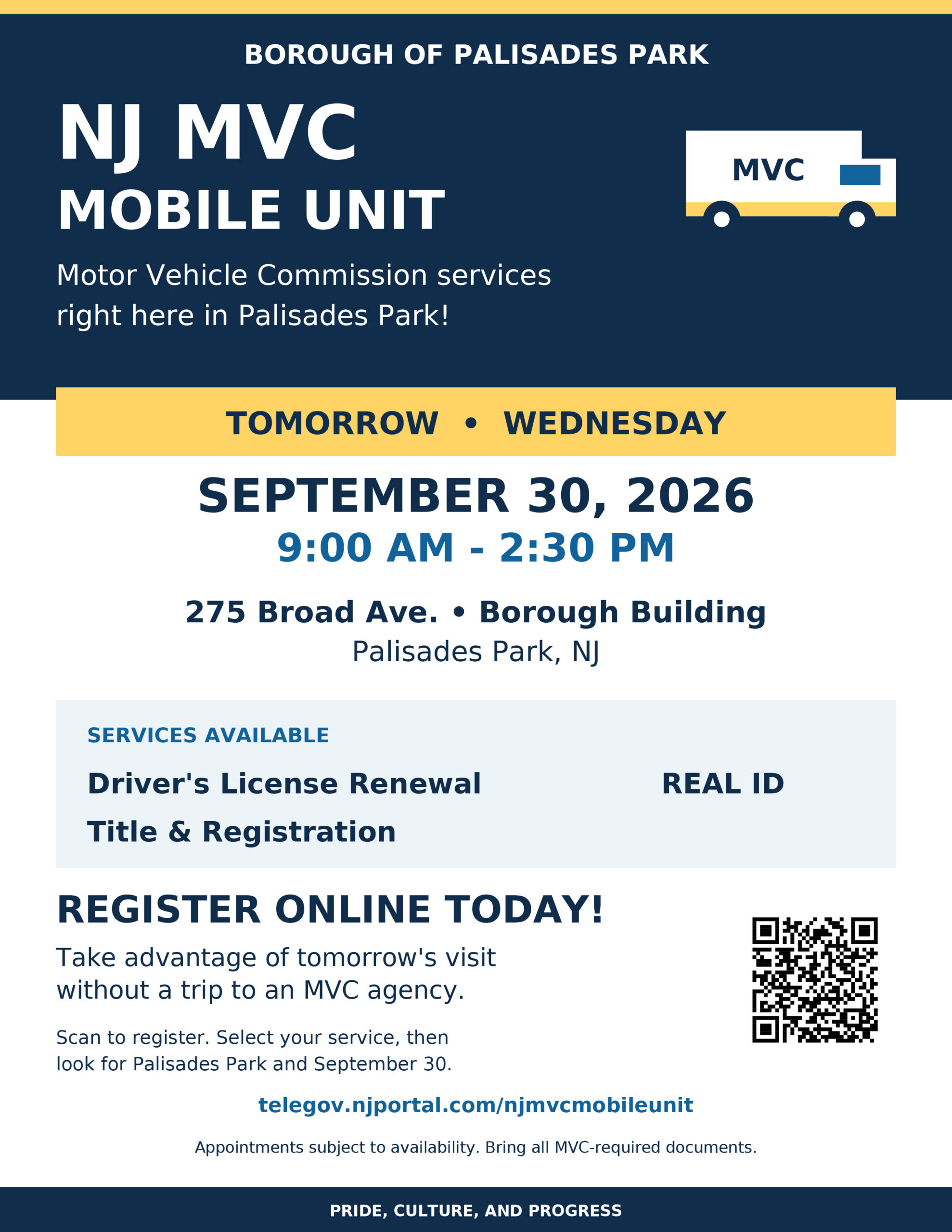 NJ MVC Mobile Unit — September 30, 2026 — Palisades Park